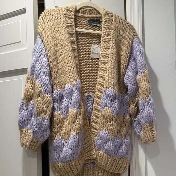 Free People - by Anthropology Chunky Knit Cardigan Sweater - Tan and Lavender - Picture 1 of 1
